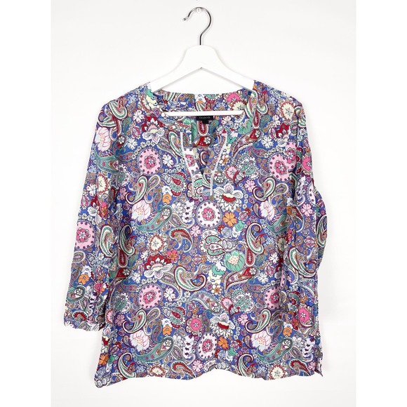 Talbots Tops - Talbots Paisley Floral Split Neckline Top 3/4 Sleeves Vibrant Colorful Large